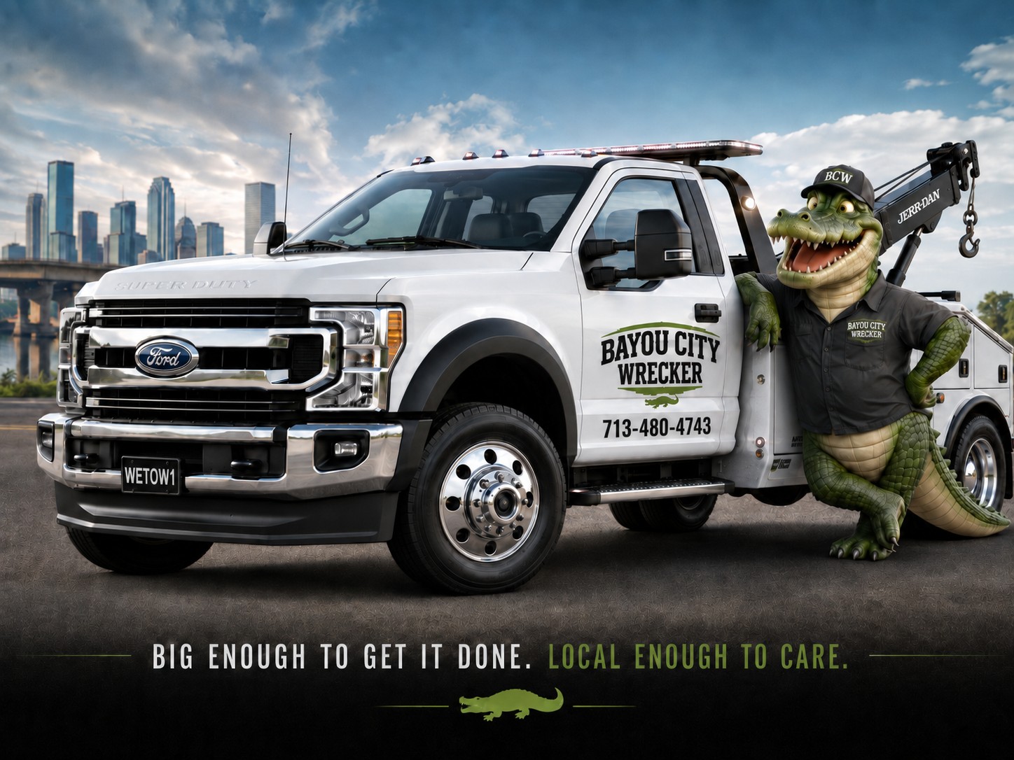 Bayou City Wrecker white Ford tow truck with alligator mascot